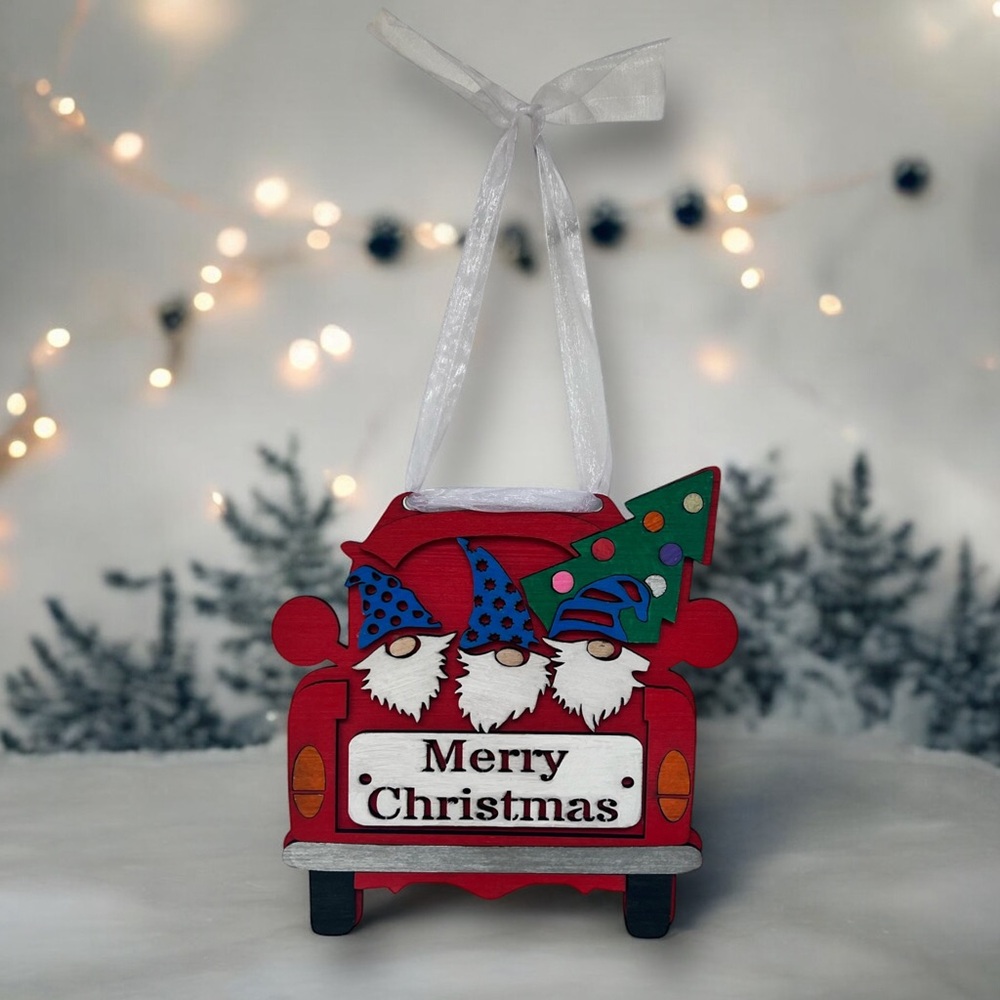 Mini Gnome Merry Christmas Door Hanger, Vintage Red Truck Holiday Decor, Gnomes